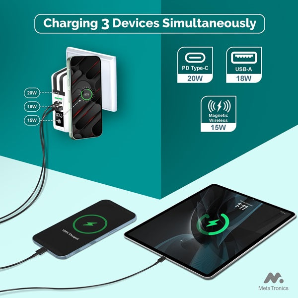 MetaTronics 5in1 Omni Charger Power Bank with Global Adapter Kit | 5in1 Travel Charger Powerbank Features Wall Charging, Wireless Charging, 10,000mAh Powerbank, and 4 Travel Adapters - MetaTronics